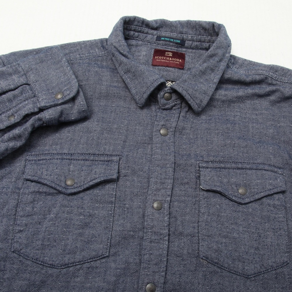 Scotch & Soda Shirt Mens 2XL Blue Snap Front Elbow Patches Lined Retro de Luxe